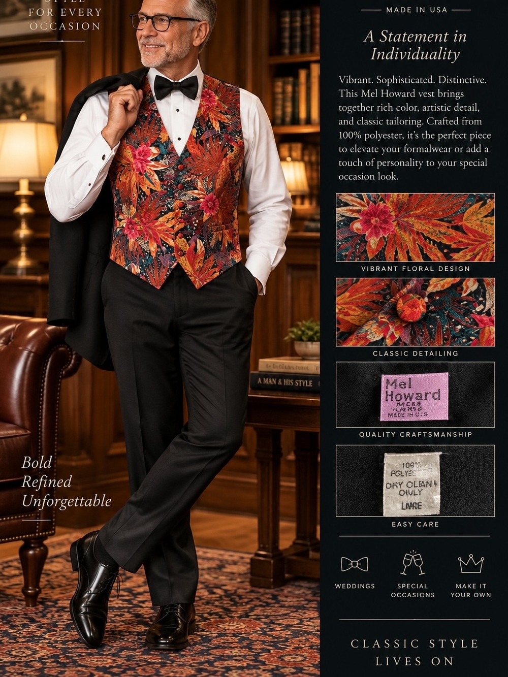 Mel Howard Men's Tropical Floral Formal Vest – Large – Made in USA